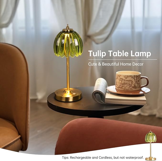 Shenmoyl Tulip Table Lamp with 5000mAh Battery & Touch Control, Cordless Table Lamp with 3 Colors, Dimmable Rechargeable Table Lamps for Bedroom, Nightstand, Living Room, Entryways (Green Tulip) - Image 6