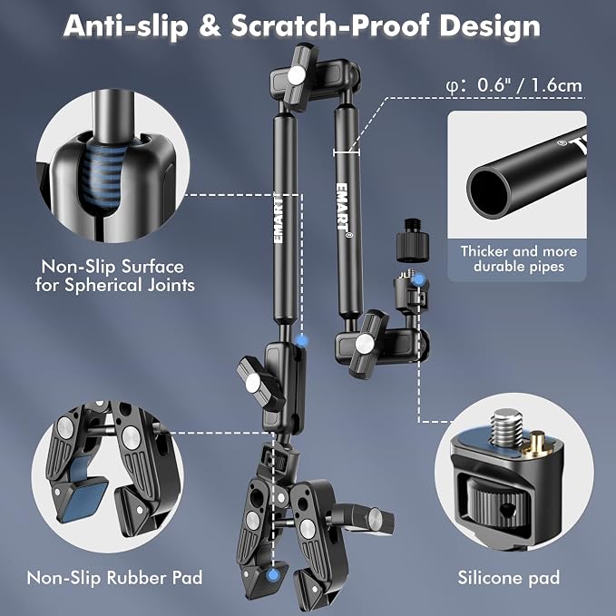 EMART 21" Magic Arm Clamp Kit with Super Clamp, 1/4" 3/8" Threads for ARRI, Flexible Camera Desk Mount, Adjustable Articulating Boom Arm for Webcam/Mic/Action Camera/Phone/Video Light - Image 6