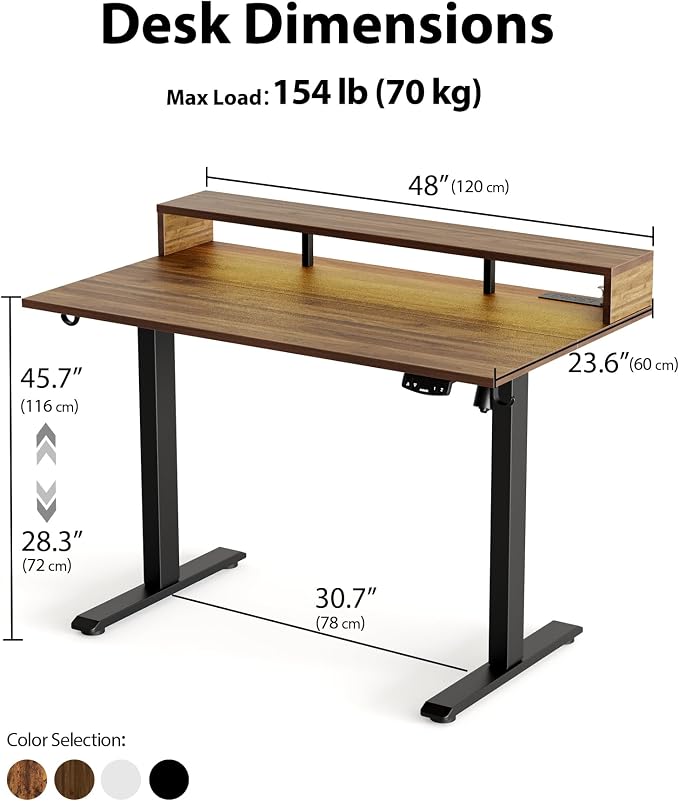 Agilestic 48 * 24 Inch Electric Standing Desk with Shelf & Led, Dark Walnut | Electric Height Adjustable, Outlets&Led, Monitor Stand, Sturdy Steel Frame, Memory Presets, Hooks, 154 lbs, Splice Board - Image 2
