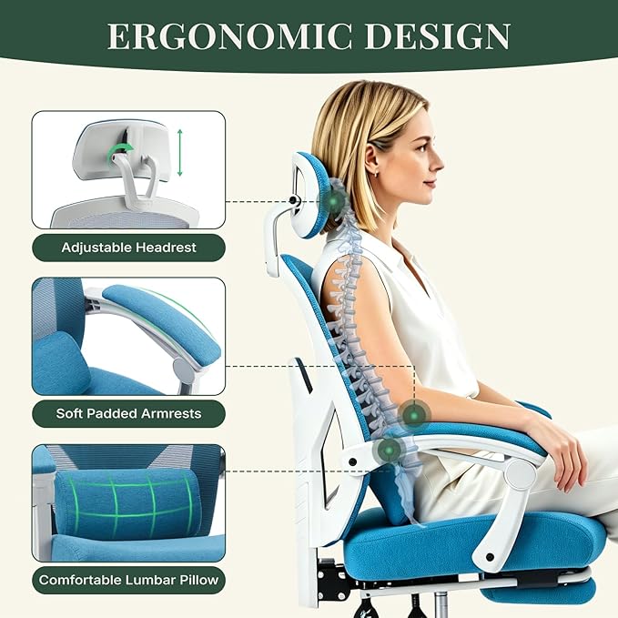 Ergonomic Office Chair with Footrest, Computer Gaming Chair | Adjustable Headrest, Lumbar Support, Swivel Reclining, Padded Armrest, Mesh High Back, Home Desk Work Study, Blue - Image 4