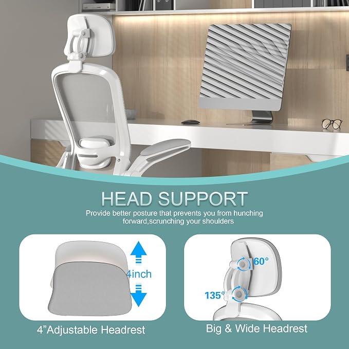 Mimoglad Office Chair, High Back Ergonomic Desk Chair with Adjustable Lumbar Support and Headrest, with flip-up Armrests for Guitar Playing, 5 Years Warranty (Moon Grey) - Image 3