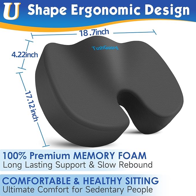 Seat Cushion for Office Chair, Car, Memory Foam, Grey XX-Large | For Back, Coccyx, Sciatica, Tailbone Pain, Ergonomic Design, Non-Slip, Desk Wheelchair Use, Supportive Butt Pillow, For Man - Image 2