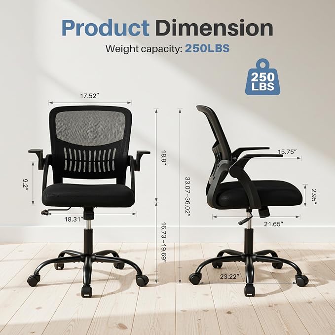 DUMOS Home Office Desk Chair, Computer Lumbar Support Chair | Ergonomic Mesh, Flip-up Armrest Height Adjustable, Rocking Mode 360 Swivel, Meeting Room, Black - Image 3