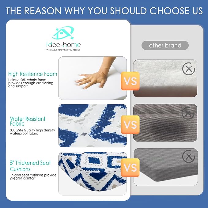 idee-home Outdoor Chair Cushions Set of 2, 19" x 19" D-Shaped | Thick Outdoor Seat Cushions Waterproof Patio Furniture with Ties Dining Pads - Image 3