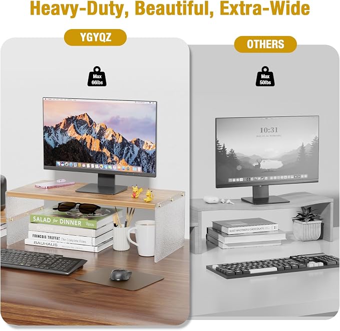 YGYQZ Adjustable Monitor Stand Riser, 9.4" ×19.3" Dual Monitor Desk Stand | Adjustable Monitor Riser, Expandable Desk Organizer, 2-Tier Storage, Acrylic Legs, Ergonomic Workspace, Wood Glacial Striae - Image 3