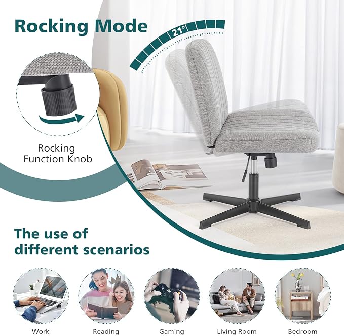 OLIXIS Criss Cross Chairs, Vanity Chair, Home Office Desk | Armless Wide Seat, Height Adjustable, Comfy Fabric, Bedroom, Study, Computer Task, Grey No Wheel - Image 7