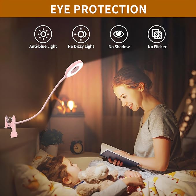 iZELL LED Desk Lamp with Clamp, Reading Light with 3 Color Modes & 10 Brightness Levels, Flexible Arm Book Light for Kids Reading in Bed at Night, Clip on Table, Computer, Zoom Meetings - 27.6'' Pink - Image 4