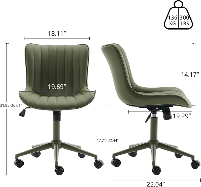 YOUNIKE Office Desk Chair with Wheels Armless Vanity Chair Ergonomic Green | Faux Leather Upholstered with Rocking Back, Swivel Height Adjustable, Modern Small Cute Task Chair For Sewing Drafting - Image 2