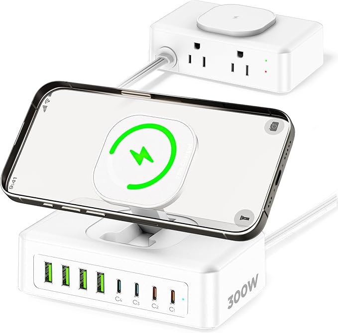 300W USB Charging Station, 11-in-1 USB C Power Strip Surge Protector, 2AC Outlets & 8USB Ports, 5ft Flat Plug Extension Cord with Multiple Devices, Desktop Charger for Home Office Desk by AcozvinPowerStrip