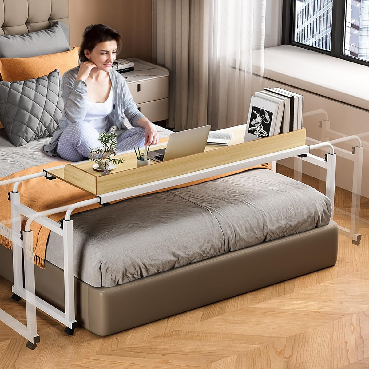 Adjustable Height Overbed Table, Rolling Overbed Bedside Desk with Raised Baffle and Spacious Desktop, Over BedTable with Wheels for Home Office Bedroom Hospital Use (Wooden Color1) by funrautz