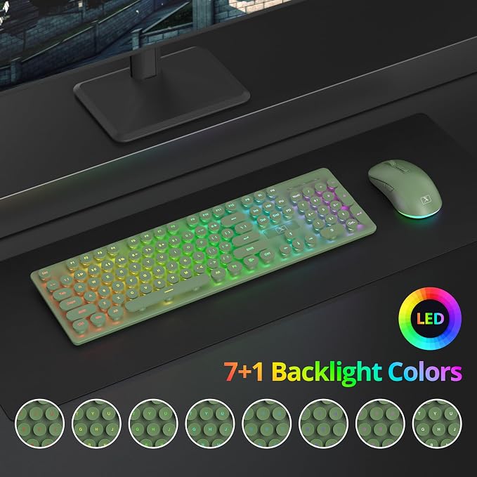 Backlit Wireless Keyboard and Mouse, 2.4GHz Light Up Typewriter Rechargeable Cordless Quiet Keyboard with USB Receiver for PC/Laptop(Dark Green) - Image 3
