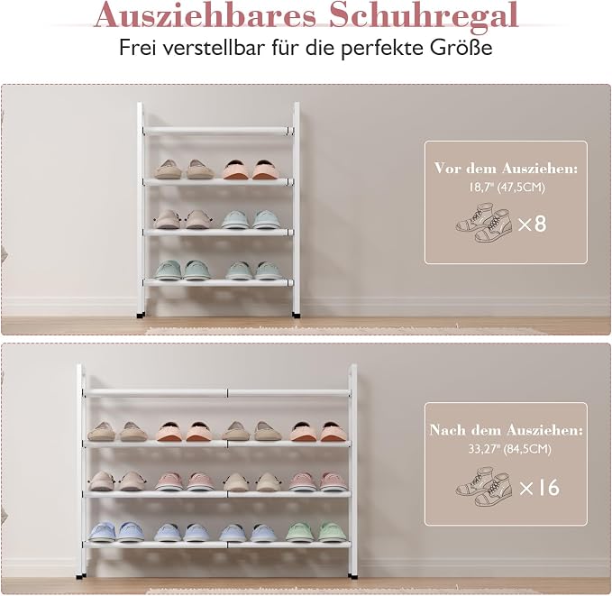 Bumusty 4 Tier Expandable Shoe Rack for Closet, White | 18"-33" Adjustable Shoe Rack for Entryway, Small Shoe Organizer for Dorm, Front Door, Sturdy Metal - Image 5