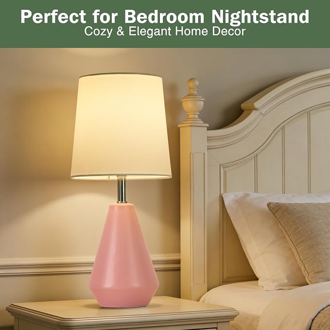 Small Bedside Table Lamp for Bedroom-Reading Desk Lamp Set of 2,with 3 Color Temperatures,15.5" Nightstand Ceramic Lamp with Fabric Shade for Kids Room,Living Room,Dorm,Home Office(Pink+White) - Image 3