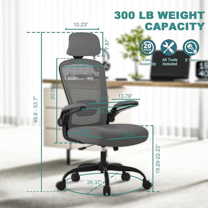 Mimoglad Office Chair, High Back Ergonomic Desk Chair with Adjustable Lumbar Support and Headrest, with flip-up Armrests for Guitar Playing, 5 Years Warranty (Modern, Dim Gray(Black Frame)) - Image 2
