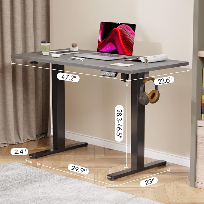 Electric Standing Desk, 48×24 Inch Home Office Desk, Grey | Sit Stand Desk with 2 Hooks, 3 Memory Height Settings, Adjustable Height Table with Splice Board for Study & Gaming - Image 2