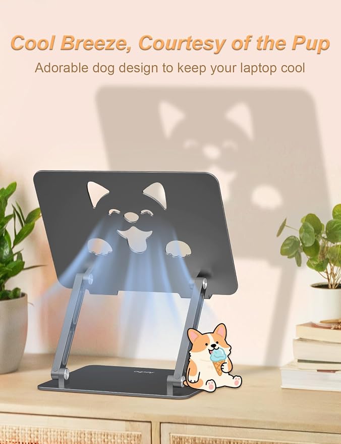 Aoviho Aluminum Laptop Stand for Desk Fit for All 10"-17.3" Laptops, Grey | Height-adjustable Notebook Holder, Ergonomic Computer Riser with Unique Puppy Cooling Vent, for Mac, Dell, Lenovo, HP - Image 3