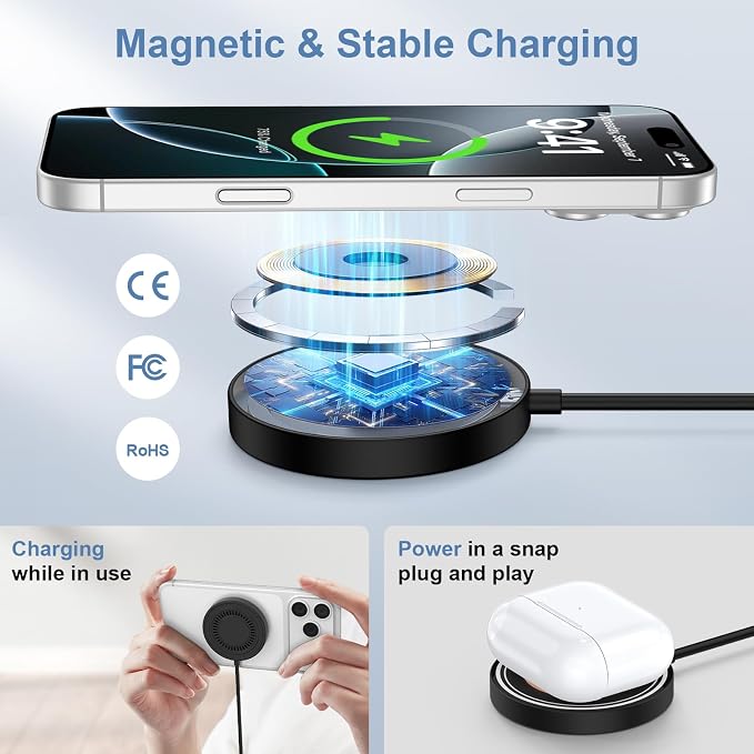 Samsung S26 Ultra Wireless Charger Fast Charging Pad Magnetic Charger for Samsung Galaxy S26 Plus/S25 Ultra/S24/S23/S22/2Pack 15W Fast Magsafe Charger Pad with USB A Adapter for iPhone 17 Pro/16/15/14 - Image 3