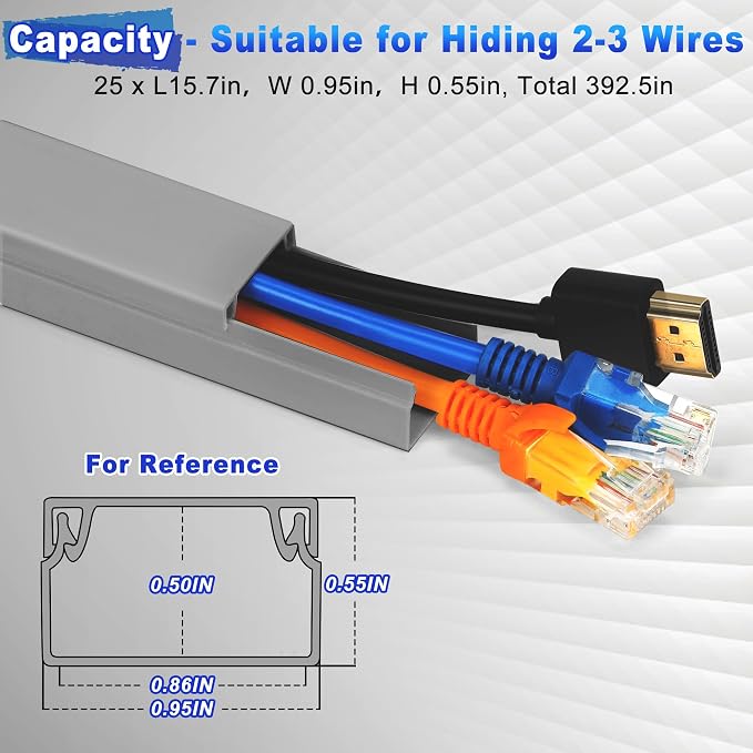 Wire Covers for Cords Kit-392.5in Wire Hiders for TV on Wall, Cord Cover Wall, Cord Hider Wall Mounted TV, TV Cable Hider Wall Kit for Wire Cover, Cord Concealer, 25 x L15.7 W 0.95H 0.55in, Grey - Image 2