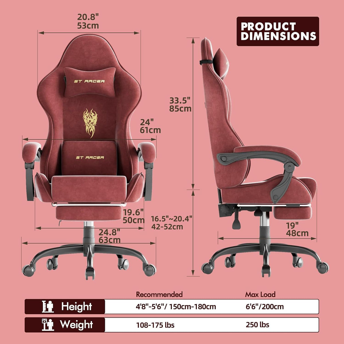 Velvet Fabric Gaming Chair, High Back Ergonomic Gamer Chair for Adult, Comfortable Video Game Chair with Footrest and Massage Lumbar Cushion, Racing Reclining Office Computer Desk Chair Red - Image 3
