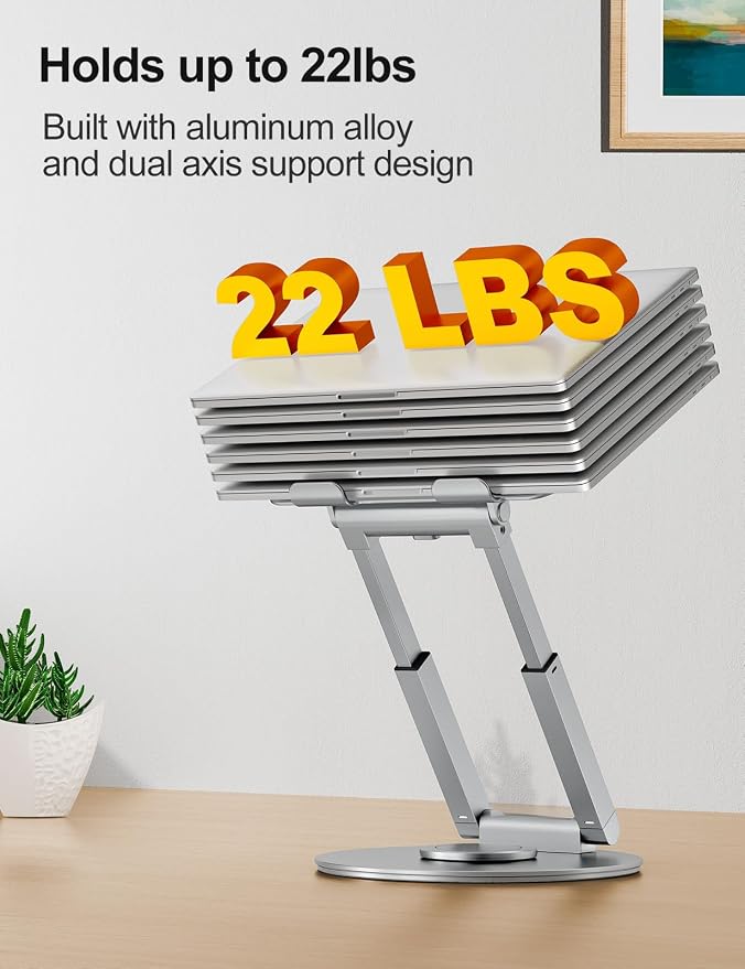 tounee Telescopic Laptop Stand for Desk with 360° Swivel Base, Sit to Stand, Height Adjustable, Portable Riser Holder for Good Posture, Compatible with All Laptops 10-17"-Silver - Image 6