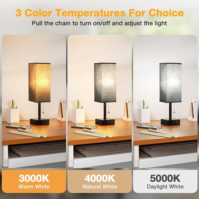 Black Bedside Table Lamp for Bedroom - Desk Lamp For Nightstand, USB C+A | Pull Chain Lamp, 3 Color Modes(3000K/4000K/5000K), E26 LED Bulb Included, Square Black Fabric Lampshade, for Read, Work, Dorm - Image 2