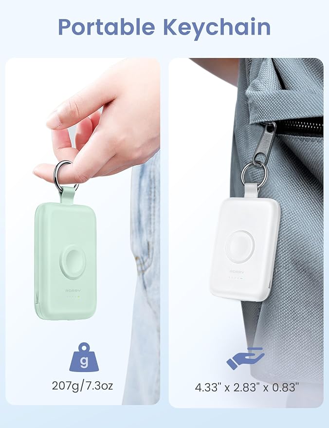 RORRY CharmGo Portable Charger, 10000mAh 20W Fast Charging Power Bank | Built-in Cables, Travel Keychain Battery Pack Essentions for Apple Watch 1~11 Series/Ultra/SE & iPhone Air/17/16/15/14/13/12 - Image 6