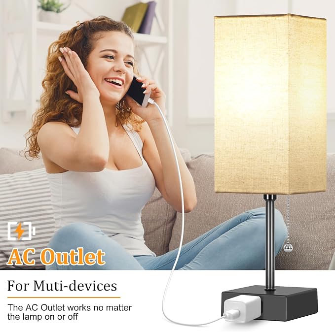15'' Bedside Table Lamp for Bedroom Small Night Light Lamps for Night stand | Pull Chain Table Lamps for Night stands with AC Outlet，desk lamp with 2 Bulbs Lamp for Living Room Kids Room Office Decor - Image 6