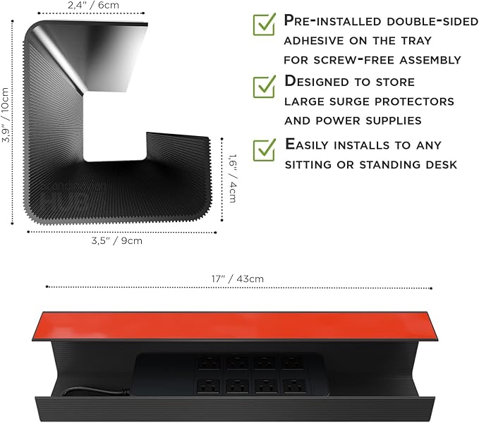 Scanfield Under Desk Cable Management Tray, No-Screw, 17-Inch, 2-Pack Black | Clear the Workspace Fast with Super Strong 24-Hour Cure Adhesive, 5″ Interior for Power Strips, Chargers and Bundled Cords - Image 6