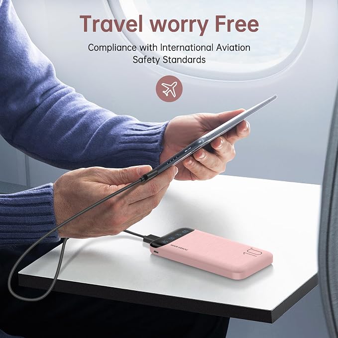 YOBON Power Bank 10000mAh Portable Charger Slim Battery Pack with 2 USB 2.4A Outputs and USB C in/Out Compatible with Huawei iPhone 16 15 14 13 12 iPad Samsung Galaxy S20 Android Tablet (Light Pink) - Image 6