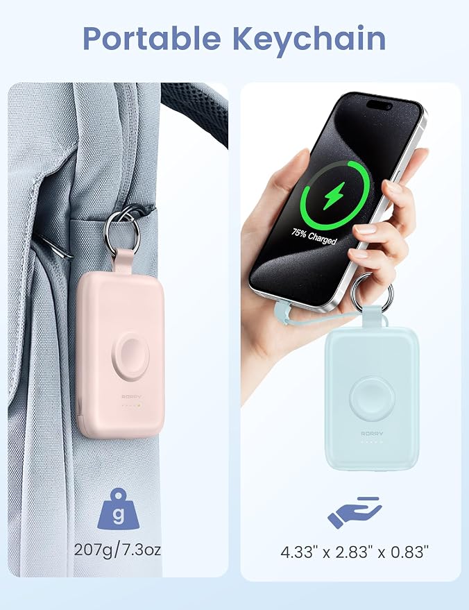 RORRY CharmGo Portable Charger, 10000mAh 20W Fast Charging Power Bank | Built-in Cables, Travel Keychain Battery Pack Essentions for Apple Watch 1~11 Series/Ultra/SE & iPhone Air/17/16/15/14/13/12 - Image 6