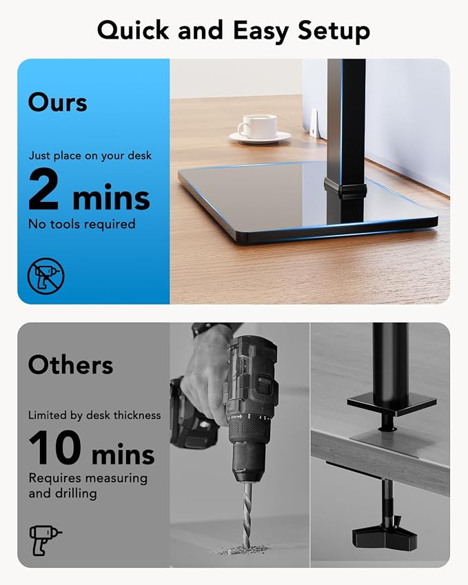 HUANUO Dual Monitor Mount with Power Outlet, Computer Monitor Stand with Sturdy Glass Base, Full Motion Dual Monitor Stand with Adjustable Height, Supports 13″-32″ Displays up to 22 lbs, Easy Setup - Image 7