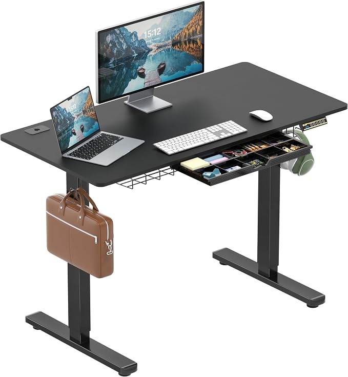 SHW 48-Inch Electric Height Adjustable Standing Desk w/Drawer, Black | w/ Memory Presets and Cable Management | Drawer with adjustable compartments | Hanging Hooks by SHW