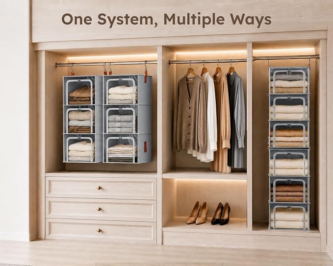 Homsorout 4-Tier Modular Hanging Closet Organizer Shelves Grey | 40.9" Height, 2+2 Modular Design, Vertical Closet Storage, Clear Window, Easy Access, Walk-in Closet, Bedroom, Nursery, RV - Image 2