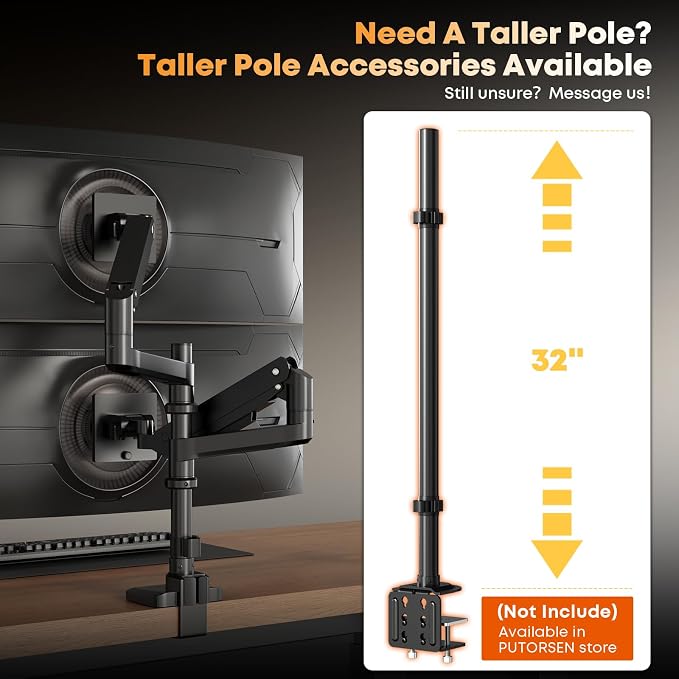 PUTORSEN 17-49 inch Premium Aluminum Heavy Duty Dual Monitor Arm for Ultrawide Screens up to 44lbs, Vertical Stacked Dual Monitor Desk Mount, Full Motion Dual Vertical Monitor Mount, VESA 75/100,Black | Stability, Adjustability, Easy Steup, Vertical, S... - Image 3