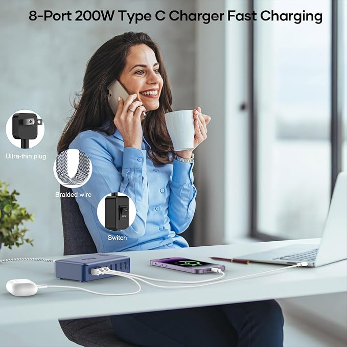 8-Port iPhone Charger Fast Charging 200W with Flat Plug, Braided Power Cord, and On/Off Switch- USB Charging Hub for iPhone, iPad, MacBook and More- 65W C Port Power Adapter for Laptops - Image 7