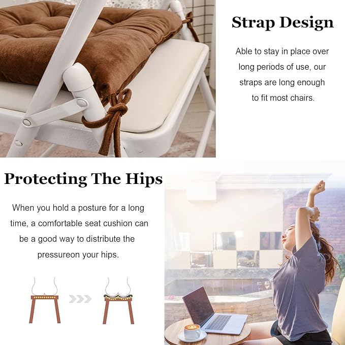 Set of 4 Square Chair Pads Indoor Seat Cushions Pillows with Ties Soft Comfortable Non Slip Chair Mat for Kitchen Dining Office Desk Living Room Outdoor Tatami 15.5" - Coffee - Image 4