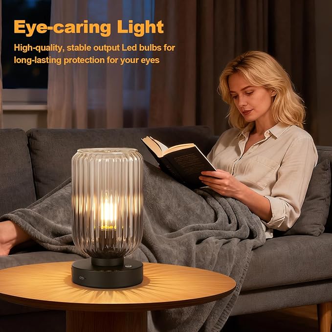 LightRound Cordless Table Lamp for Bedroom, Touch Stepless Dimmable | 7500mAh Rechargeable Battery, Gray Glass Shade, Matte Black Base, Bulb Included, Modern Wireless Lamp for Desk, Living Room - Image 4