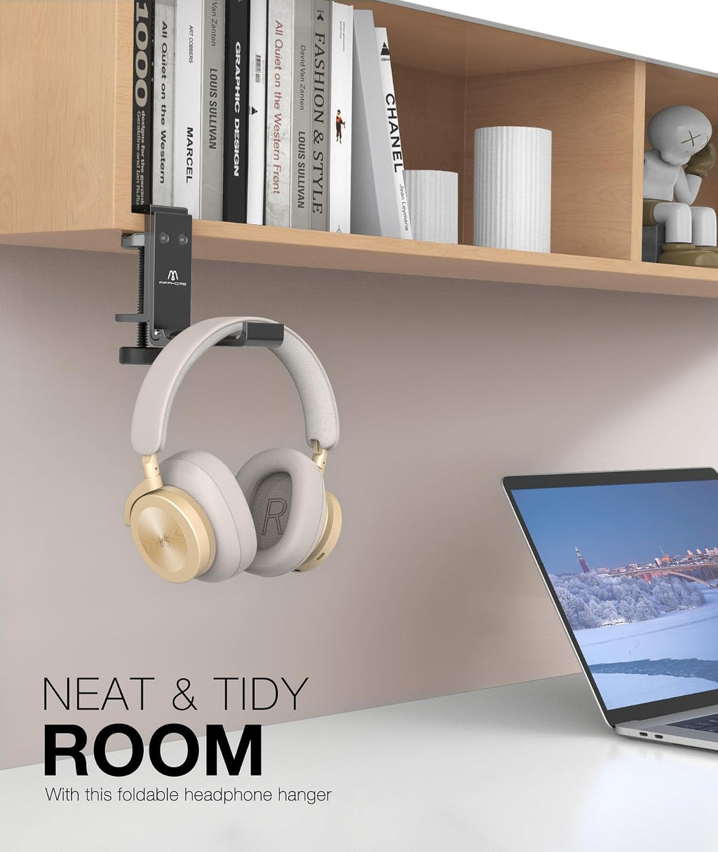 New Foldable Headphone Stand Hanger Holder Aluminum Headset Soundbar Stand Clamp Hook Under Desk Space Save Mount, Universal Fit Gaming Headphones, Black - Image 3