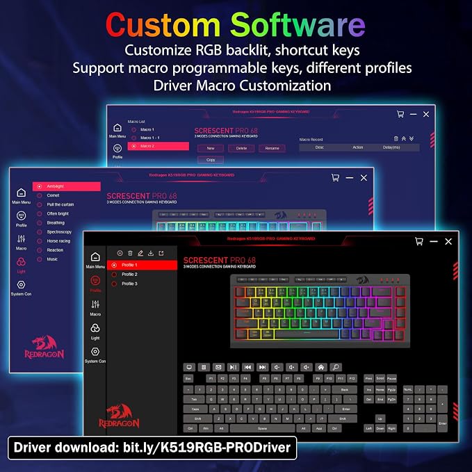 Redragon Wireless Gaming Keyboard, RGB Backlit, Portable 60% Design, Black | Bluetooth/2.4GHz/USB-C Wired, Mini Quiet Macro Membrane Keyboard, Rechargeable 4000mAh Battery, Anti-Ghosting for Win/MAC - Image 6