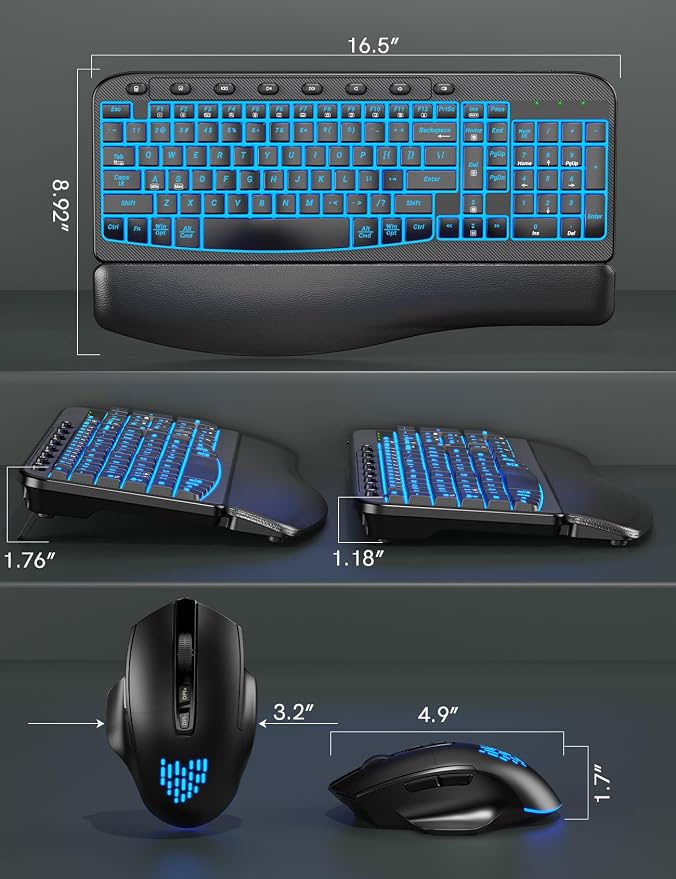 Wireless Keyboard and Mouse Combo, Ergonomic Wave with Wrist Rest | Rechargeable, Backlit Keys, Full Size, 2.4GHz USB Wireless, Leather Finish, MA12Pro Quiet Set for Windows, Mac, PC, Laptop - Image 9