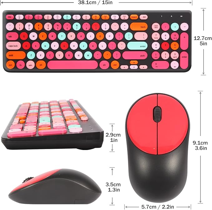 Wireless Keyboard and Mouse Combo, Retro Typewriter Keyboard with Round Keycaps, 2.4GHz USB Cute Wireless Keyboard Mouse for Computer, Desktop, Laptop and Computer (Black-Colorful) - Image 7