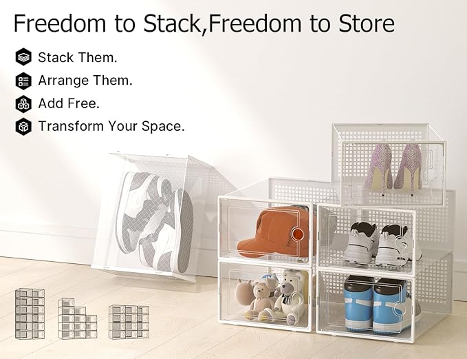 Kuject XX-Large Shoe Storage Boxes 12 Pack, Clear Stackable Shoe Organizer | Shoe Case for Closet, Entryway & Under-Bed Storage, Drop-Front Design, Space-Saving Solution for Family Organization,White - Image 7