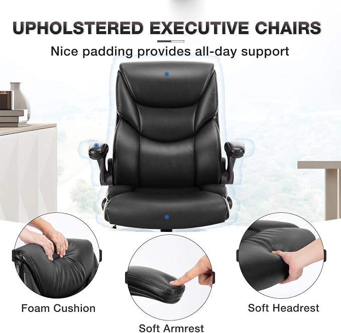 OLIXIS PU Leather Desk Chair, Ergonomic Office Chair, Flip-up Armrest | High Back, Swivel Rolling Wheels, Heavy Duty, 275lbs,Comfortable,Executive, Black - Image 6