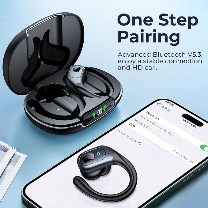 occiam Active Noise Cancelling Earbuds Wireless Bluetooth Headphones | Ear Buds 90Hrs Playback Stereo Bass Earphones with Mic Over-Ear Hooks IPX7 Waterproof Headset for Sports Running Matte Black - Image 6