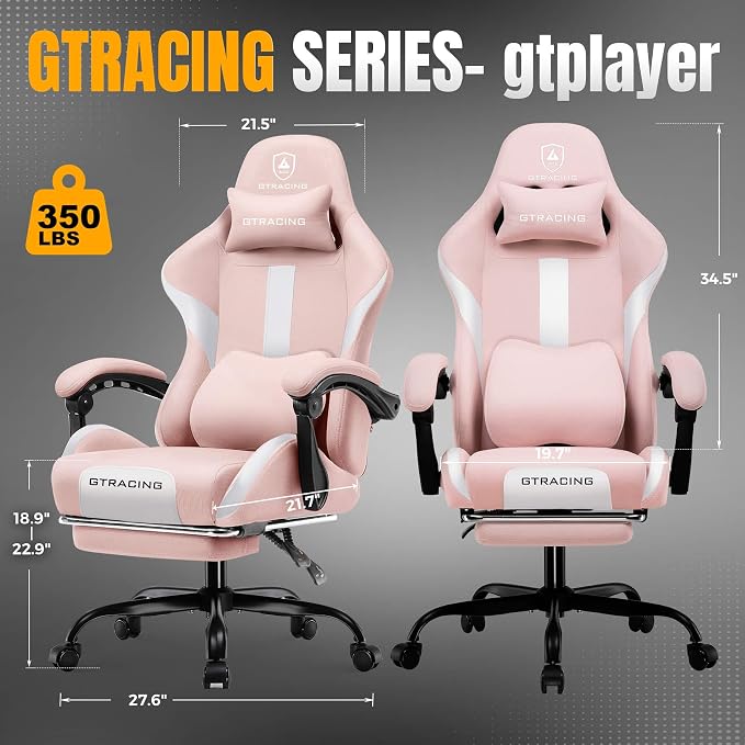 GTPLAYER Gaming Chair with Foot Rest & Pocket Spring Cushion, Ergonomic High Back Computer Desk Chair with Headrest & Lumbar Support for Back Pain Relief, Breathable Fabric, Pink - Image 2