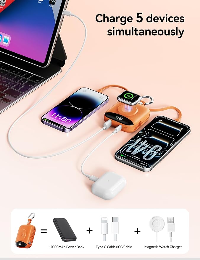 Portable Charger 10000mAh 22.5W Power Bank Built-in 2 Cables Keychain | Charge 5 Devices, TSA approved, Travel Fast Charging Battery Pack for iPhone Samsung Google Android & iWatch Charger, Orange - Image 5
