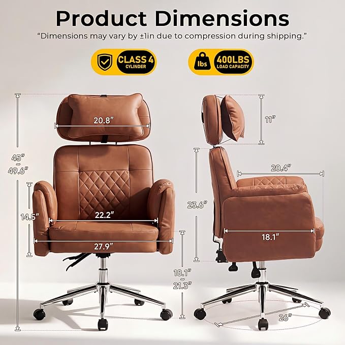 Big and Tall Ergonomic Office Chair, Criss Cross Desk Chair with Pivot Arms | High Back Executive Leather Chair with Spring Seat, Wide Computer Gaming Chair for Home, Makeup & Bedroom, Brown, 49.6”H×22”W - Image 2