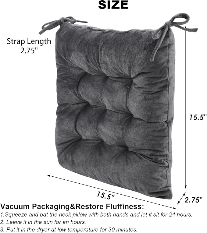2 Pack Square Seat Cushion Chair Pads for Kitchen Dining Chairs, Soft Comfort Velvet Chair Mat Pillow Cushions with Ties for Office Desk Living Room Tatami 15.5", Dark Gray - Image 2