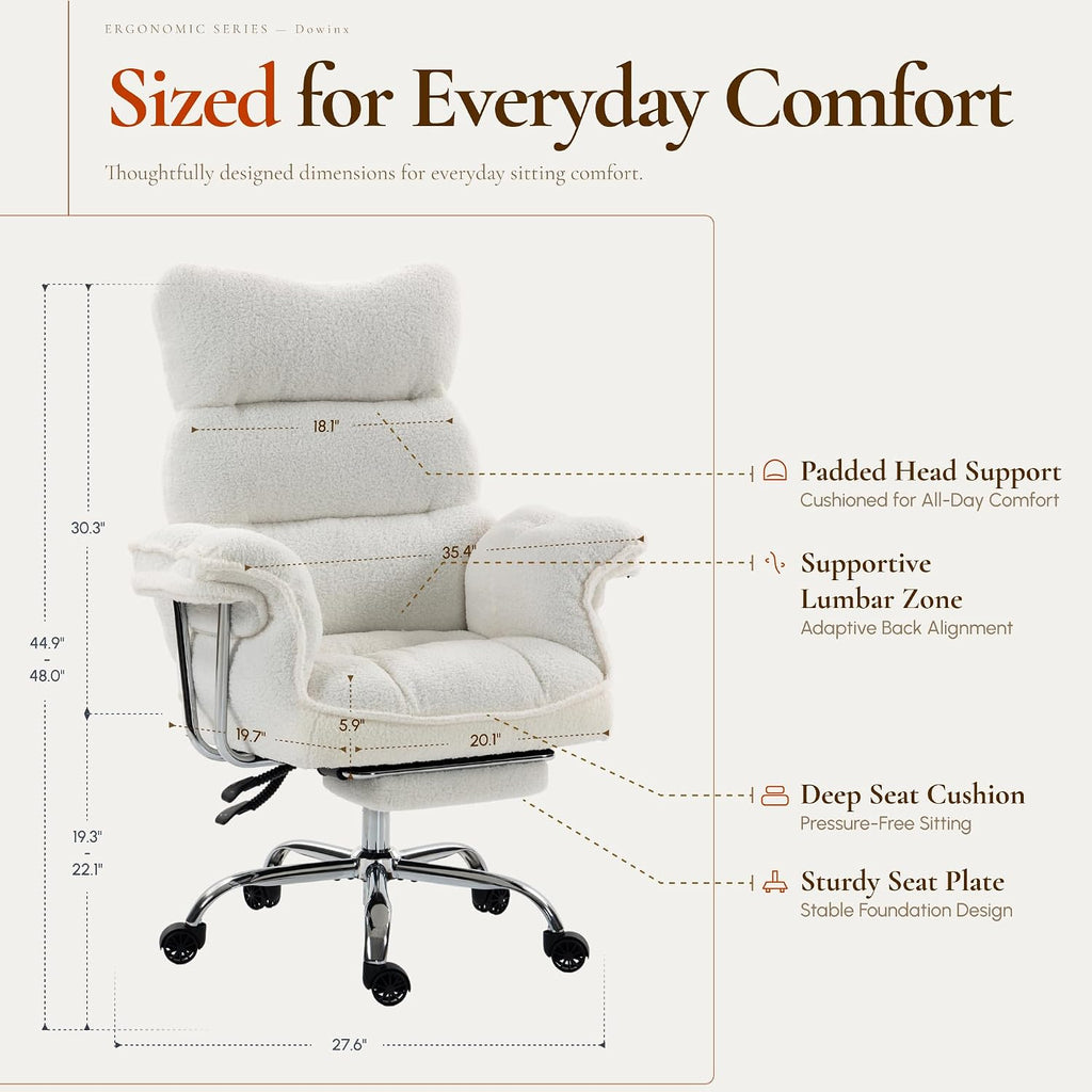 Dowinx Big and Tall Office Chair, Ergonomic Desk Chair with Thick Cushion, Wide Seat & Armrests Computer Gaming Chair,High Back Reclining Teddy Fleece Criss Cross Chair with Foot Rest, White - Image 2