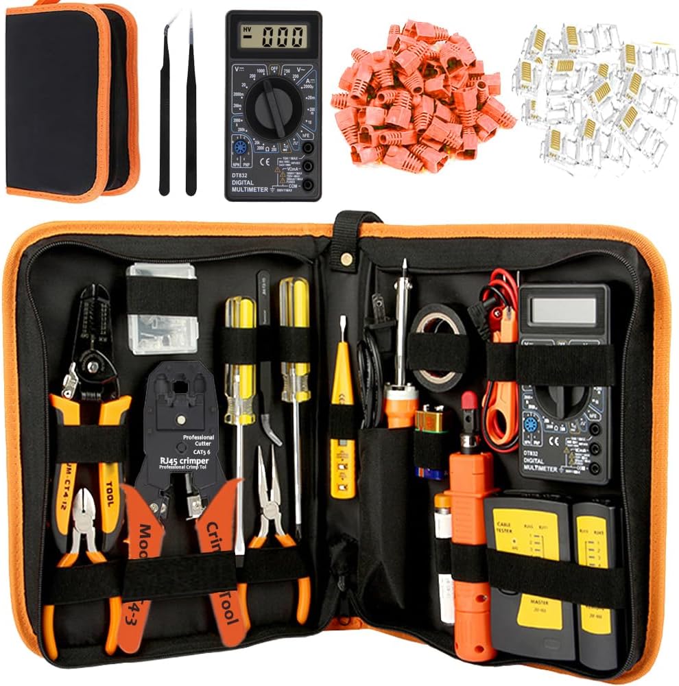 LEATBUY Network Crimp Tool Kit for RJ45/RJ11/RJ12/CAT5/CAT6/Cat5e/8P, Professional Crimper Connector Stripper Cutter, Computer Maintenance Lan Cable Pliers Tester Soldering Iron Set (Black), DUW-24D1 by LEATBUY-TECH